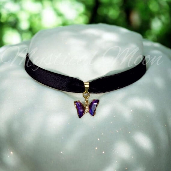 Purple Crystal Butterfly Choker Black Velvet Necklace With  display picture 3