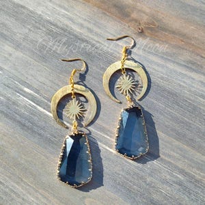 Elegant Celestial Earrings with Large Geometric Dark Blue Glass Crystal Drop Star and Moon Mystical Jewelry Whimsical Gift For Her
