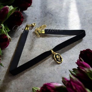 Gothic Black Velvet Choker Necklace Victorian Black & Gold Rose Pendant Witchy Wiccan Handmade Jewelry Romantic Dark Fantasy