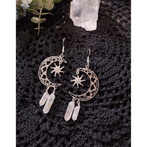 Crescent Moon with Sun Silver Tone Dangle Earrings with Clear Quartz Gemstones Celestial Earrings