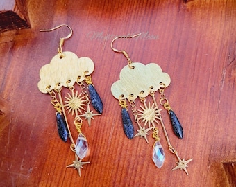 Summer Showers Crystal Cloud Earrings Celestial Stars Whimsical Handmade Jewelry
