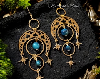 Astral Crescent Moon Celestial Chandelier Earrings with Blue Tigers Eye Planets Planetary Earrings Handmade Jewelry Gift For Her