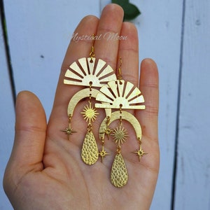 Gold Celestial Statement Earrings with Sun, Moon & Stars Boho Dangle Jewelry Unique Gift for Her Whimsical