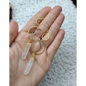 Long Dangle Earrings Hollow Crescent Moon Clear Raw Quartz Gemstone Boho Celestial Boho Earrings Handmade Bohemian Jewelry
