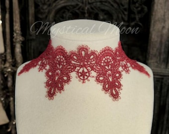 Gothic Burgundy Wide lace Choker Necklace Statement Jewelry Witchy Wiccan Elegant Handmade Necklace Gift for Her