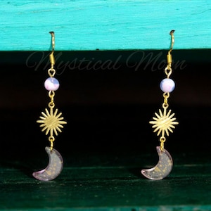 Dainty Celestial Sun & Acrylic Purple Moon Short Dangle Earrings Whimsical Witchy Handmade Jewelry