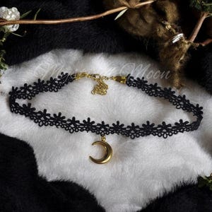 Celestial Golden Crescent Moon Pendant Black Lace Choker Necklace Witchy Wiccan Accessory Gothic Jewelry Handmade Gift for Her Whimsigoth