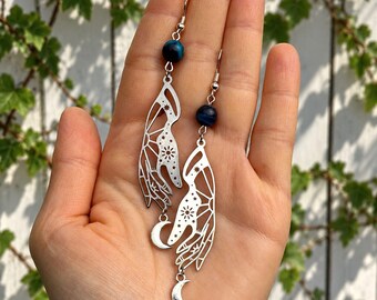 Celestial Hand Earrings with Blue Tiger’s Eye Gemstones and Silver Tone Crescent Moons