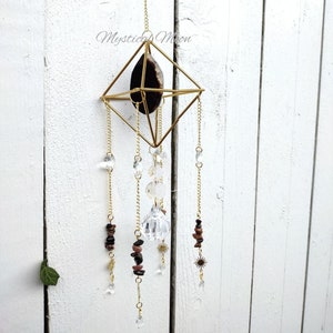 Geometric Suncatcher with Black Sliced Agate and Rainbow Casting Crystals Light Catcher Home Decor Crystals and Gemstones