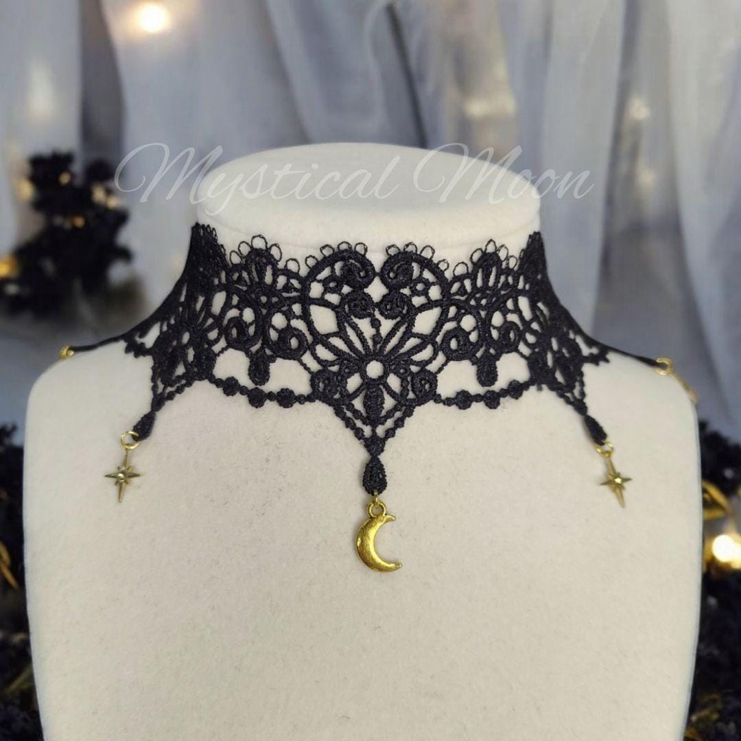 Gothic Black Lace Choker Necklace With Crescent Moon and Star Charms ...