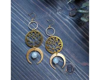 Lotus Flower Statement Earrings Celestial Moon Blue Morganite Gemstone Floral Earrings Celestial Earrings Gemstone Jewelry
