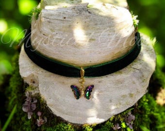 Fairy Dainty Colorful Crystal Butterfly Charm on a Green Choker Necklace Cottagecore Whimsical Romantic Handmade Jewelry Gift for Her