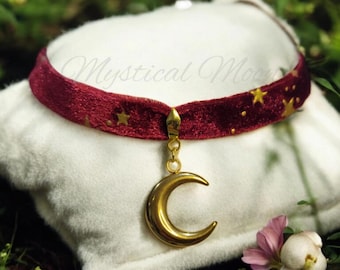 Night Sky Celestial Crescent Moon Charm Pendant Velvet Choker Necklace Burgundy, Black & Gold Color Velvet Choker with Stars Witchy Wiccan