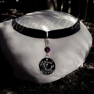 Celestial Black & Silver Moon Pendant Charm on a Black Velvet Choker Necklace Witchy Wiccan Handmade Jewelry Whimsigoth Gothic Gift for Her