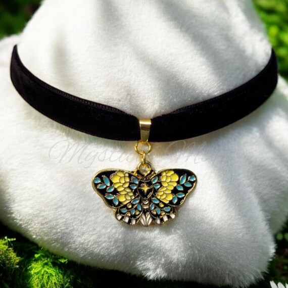 Black Velvet Choker with Blue and Yellow Butterfly Pendant Whimsical Colorful Moth Choker Necklace Black Velvet Ribbon  main image 4