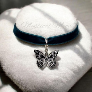 Skull Butterfly Gothic Punk Teal Velvet Choker Necklace Witchy Wiccan Handmade Jewelry Dark Fantasy Magical Velvet Necklace Gift for Her
