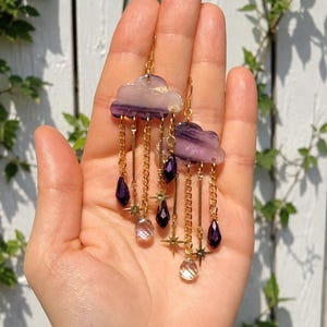Handmade Rain Cloud Dangle Earrings: Purple Crystals & Gold Stars Acrylic Celestial Fairycore Statement Chandelier Jewelry