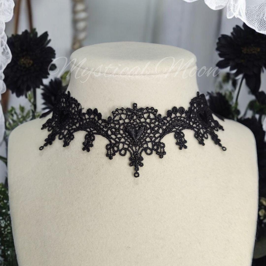Black Lace Choker Victorian Gothic Necklace With Floral Heart Design ...