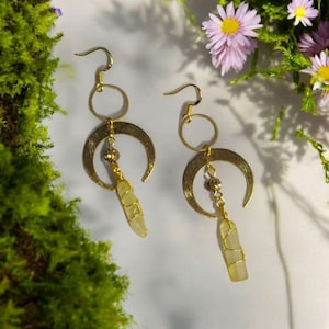 Yellow Quartz Moon Earrings Celestial Crystal Dangle Jewelry Dyed Clear Quartz Statement Earrings Witchy Gold Moon Phases Gift for Her