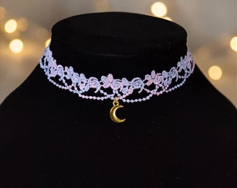 Lavender Lace Choker Floral Necklace with Gold Moon Charm Fairycore Boho Whimsical Statement Romantic Jewelry