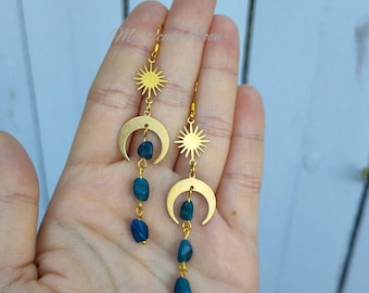 Celestial Sun & Moon Earrings Raw Apatite Gemstone Dangle Earrings, Gold Boho Witchy Jewelry, Blue Crystal Drop Earrings