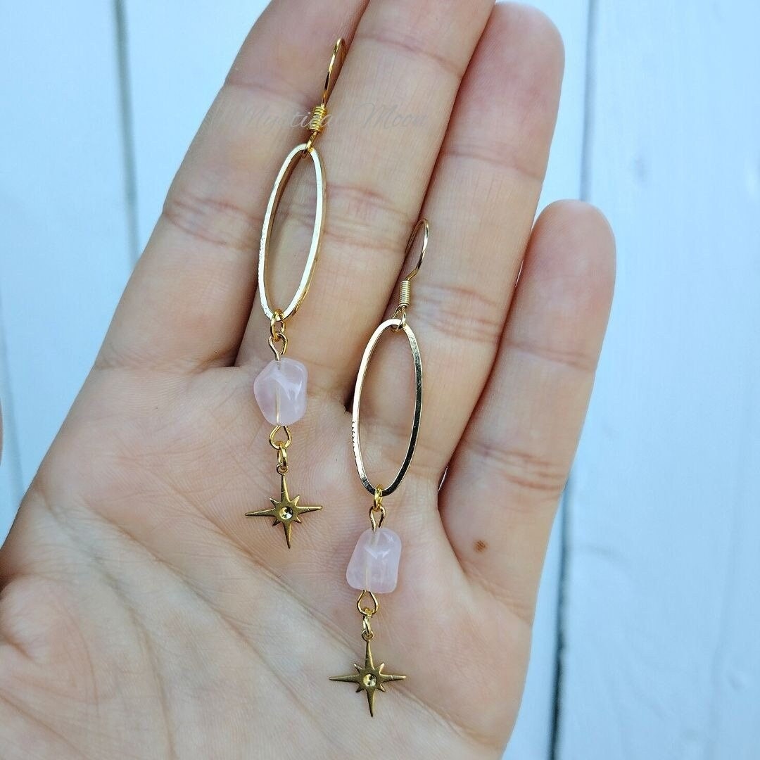 Minimalist Dainty Earrings Celestial Stars Rose Quartz Gemstones Boho