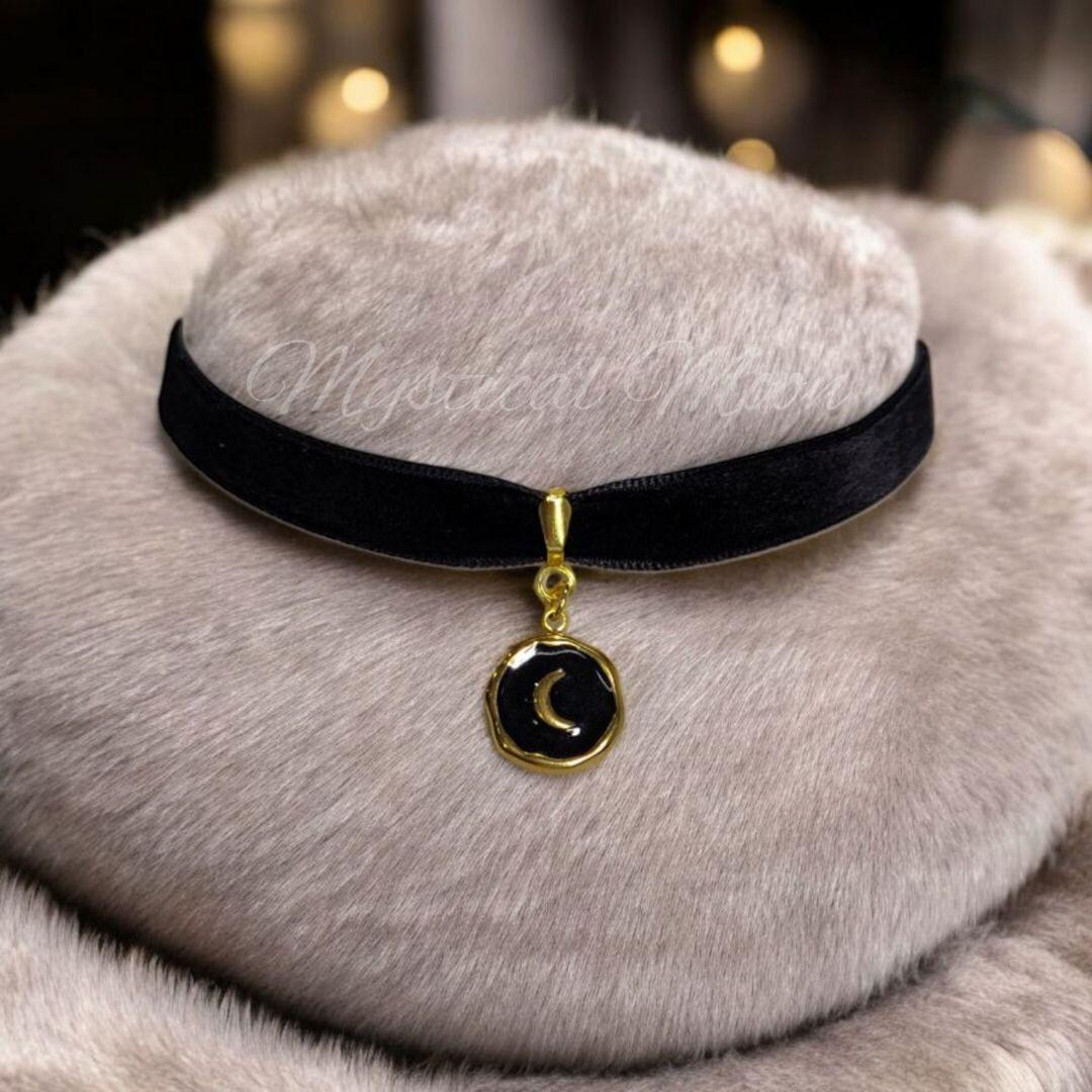 Celestial Crescent Moon Black & Gold Pendant Black Velvet Choker ...