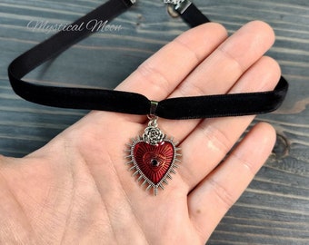 Gothic Black Velvet Choker Necklace with Red & Silver Heart Shaped Pendant Floral Rose Evil Eye Third Eye Goth Whimsigoth Handmade Jewelry G