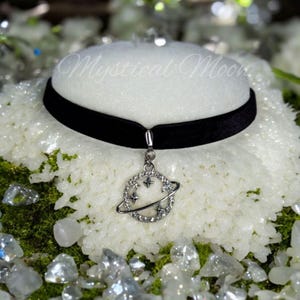Celestial Black Velvet Choker Necklace Cosmic Silver Tone Planet Pendant Charm with Rhinestones Mystical Handmade Jewelry Gift for Her