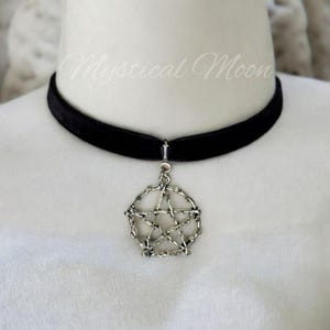 Wiccan Black Velvet Ribbon Choker Necklace with Silver Tone Pentagram Charm Witchy Goth Gothic Accessory Jewelry Magical Handmade Gift