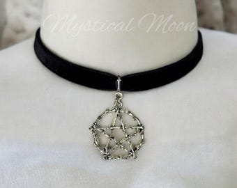 Wiccan Black Velvet Ribbon Choker Necklace with Silver Tone Pentagram Charm Witchy Goth Gothic Accessory Jewelry Magical Handmade Gift