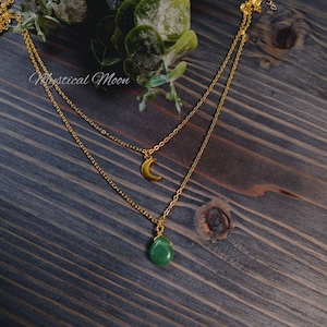 Layered 18K Gold Plated Necklace Celestial Crescent Moon Charm with Green Aventurine Gemstone Crystal Teardrop Pendant Boho Whimsical