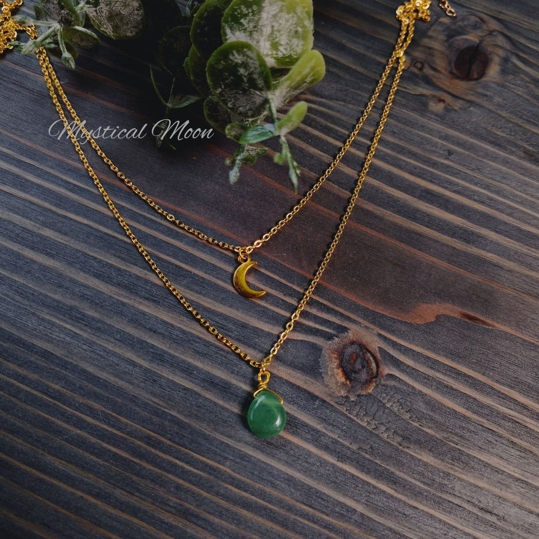 Layered 18K Gold Plated Necklace Celestial Crescent Moon Charm with Green Aventurine Gemstone Crystal Teardrop Pendant Boho Whimsical