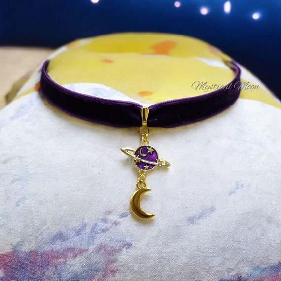 Cosmic Dark Purple Velvet Choker Necklace With Pluto Planet and