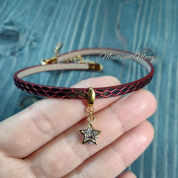 Black Red Snake Print Geometric Faux Leather Choker Necklace