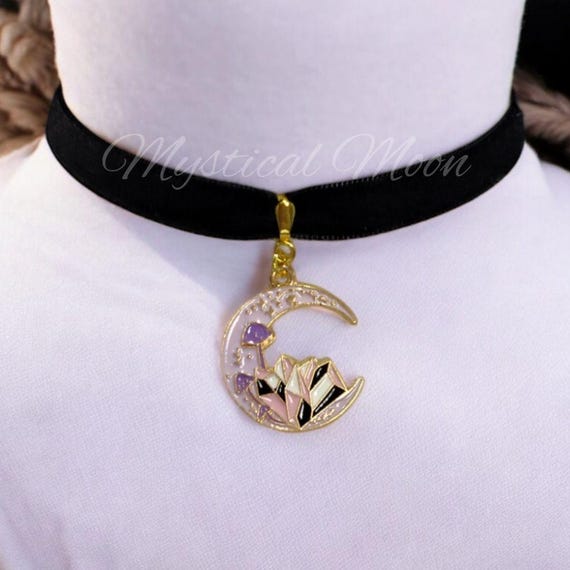 Collier ras du cou en cristal de lune rose multicolore croissant