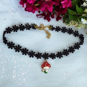 Flower Shaped Black Lace Choker Necklace with Whimsical Woodland Mushroom Pendant Charm Fairy Cottagecore Handmade Jewelry Gift for Her