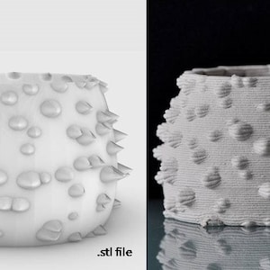 May include: A 3D printed ceramic vase with a textured surface and a spiky design. The vase is printed in clay with a 0.8 mm layer thickness.  .stl file