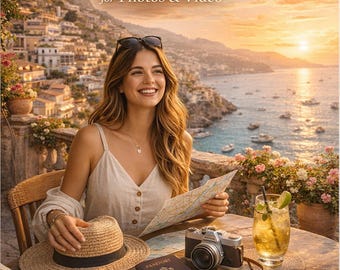 May include: A woman sits at a table with a map, passport, camera, and cocktail, with the text "Passport Ready: AI Travel Influencer Prompt Library for Photos & Video." The image promotes travel content creation with 50 image prompts, 20 video prompts, and 30 caption ideas.