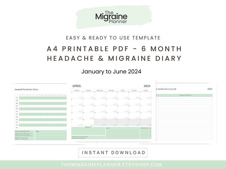 A4 Printable PDF Migraine and Headache Symptom Diary, 6 Months, January