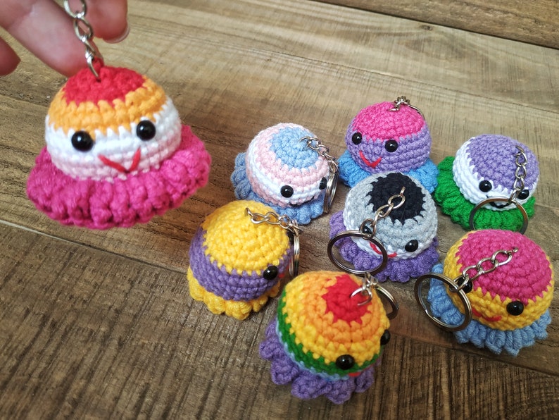 Crochet pattern octopus, Amigurumi rainbow octopus keychain diy, Beginner crochet pride octopus, Easy instruction crochet lgbt keyring image 8