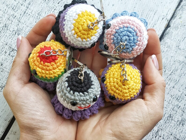 Crochet pattern octopus, Amigurumi rainbow octopus keychain diy, Beginner crochet pride octopus, Easy instruction crochet lgbt keyring image 6