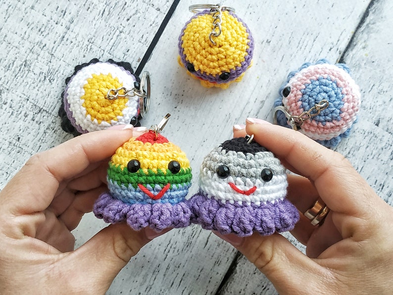 Crochet pattern octopus, Amigurumi rainbow octopus keychain diy, Beginner crochet pride octopus, Easy instruction crochet lgbt keyring image 7