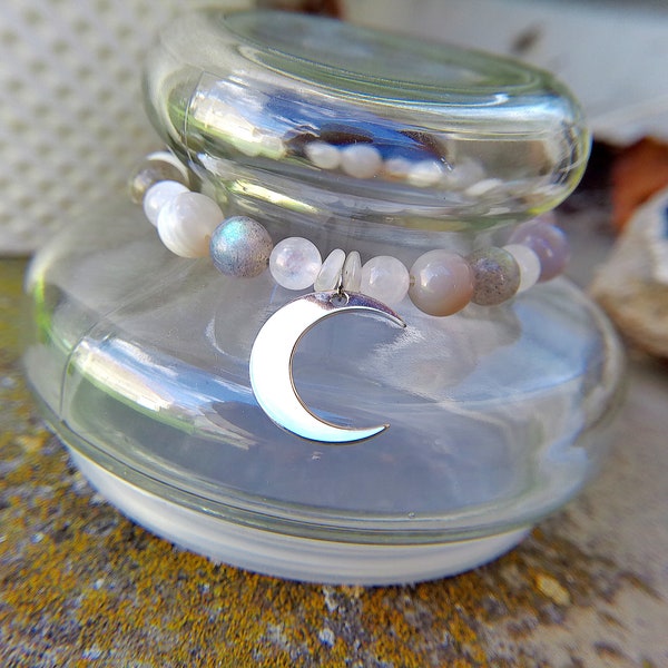 Bracelet élastique pendentif lune argent 925 Labradorite, agate grise, pierre de lune et aragonite