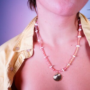 Mermaid coral necklace in shades of yellow and orange with shell pearl and brass pendant