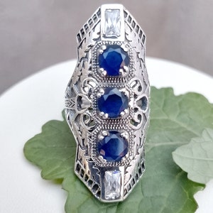 Sapphire silver Ring,Full Finger Ring, Wedding Ring , solid 925 Sterling Silver, Natural Blue Sapphire With  White Topaz Ring , Gift for Her