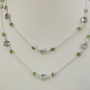 Certified  Amethyst and peridot Necklace, 925 Sterling Silver, Handmade Jewelry 36 inch Necklace, Amethyst and peridot Station necklace