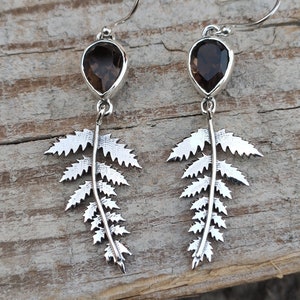 Smoky quartz Earrings, Leaf dangle Earrings , solid 925 Sterling Silver Handmade Earrings, Gift for her