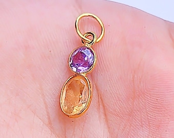 Handmade 18k Solid Gold Citrine & Amethyst Charm Pendant