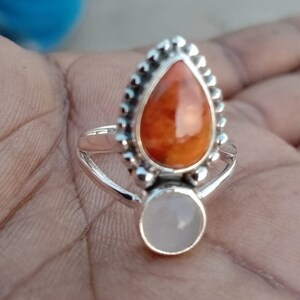 Turquoise Ring -silver ring ,pink oyster turquoise with moonstone ring , solid 925 sterling silver  , For everyone on all occasions